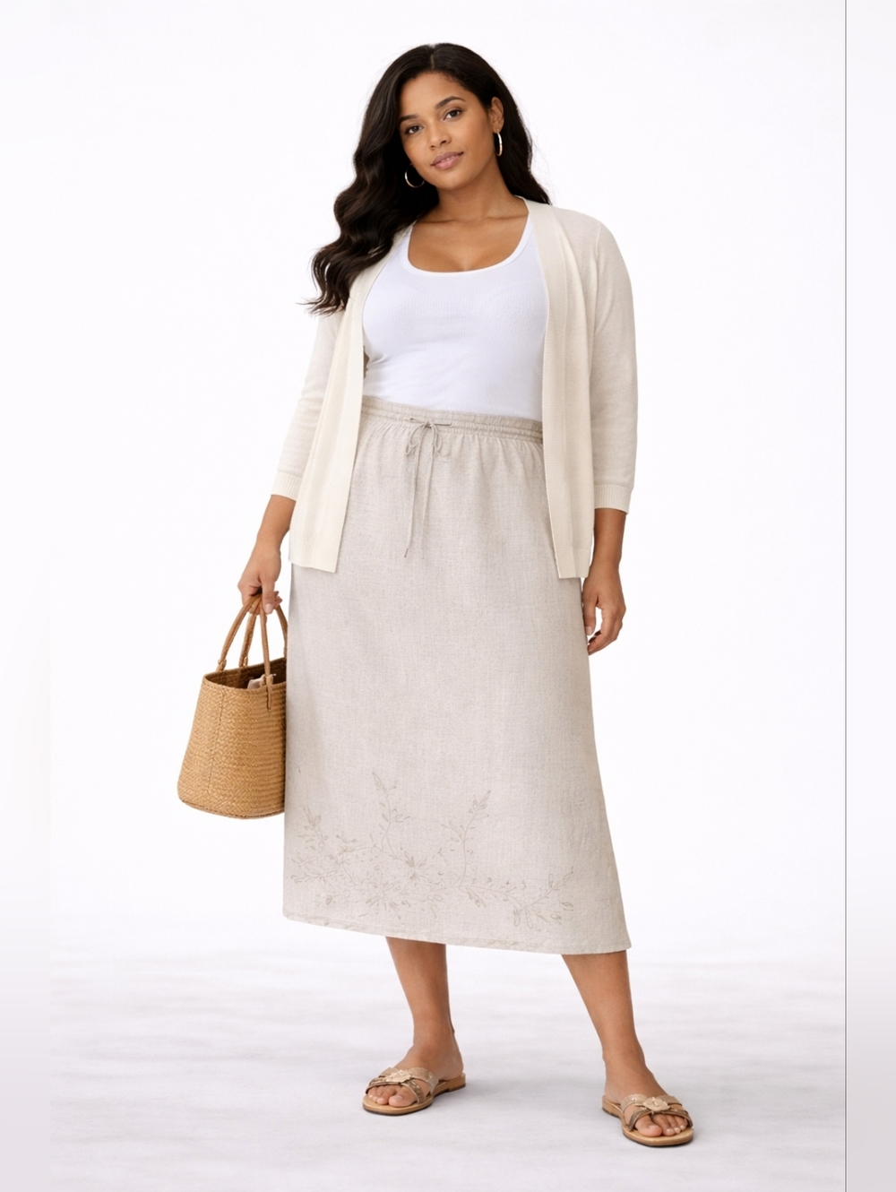 Charter Club 100% Linen Embroidered Midi Skirt – Size 1X